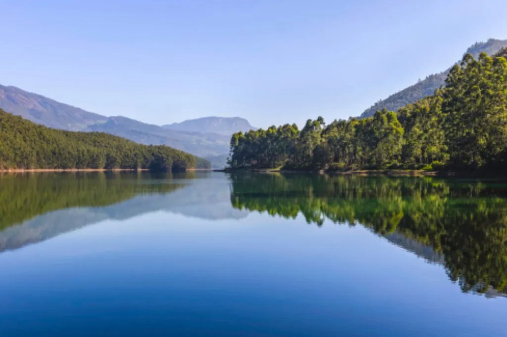 Lake, Mountains and clear blue sky- A view of Echo Point in Munnar